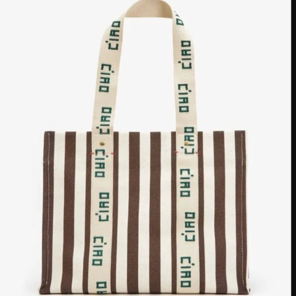 Clare V Noemie Canvas Tote Natural and Mocha Striped